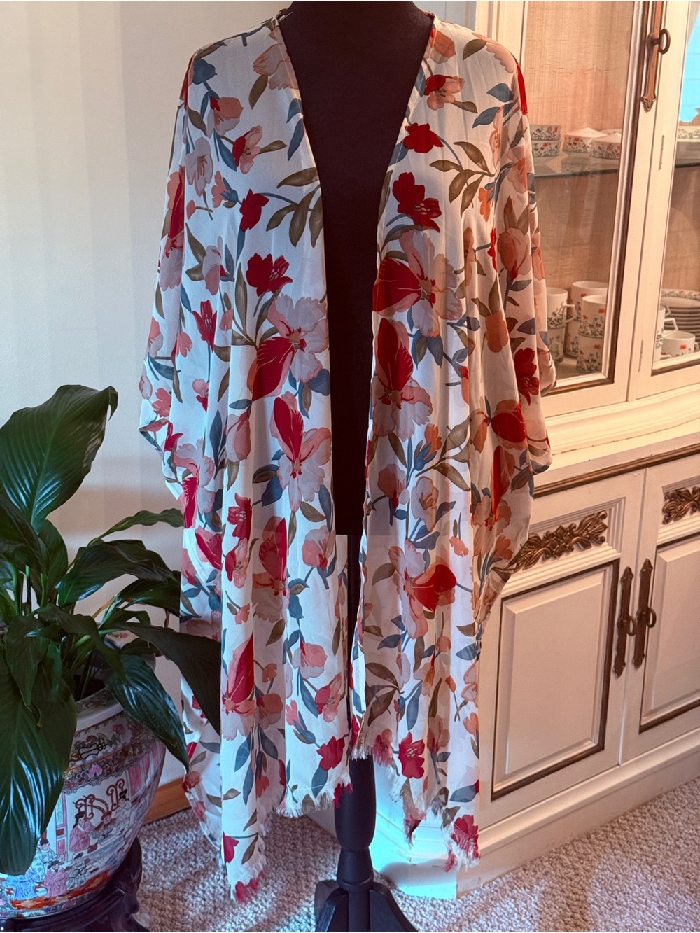 Umgee White Floral Kimono Robe with Red & Green Botanical Print